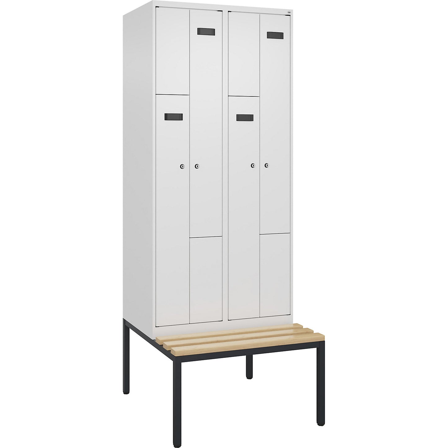 Evolo PLUS bench seat Z locker, 2 compartments, white, W 800 mm, cylinder lock, with bench fitted below, beech.