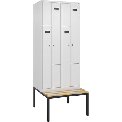 Evolo PLUS bench seat Z locker, 2 compartments, white, W 800 mm, cylinder lock, with bench fitted below, beech.