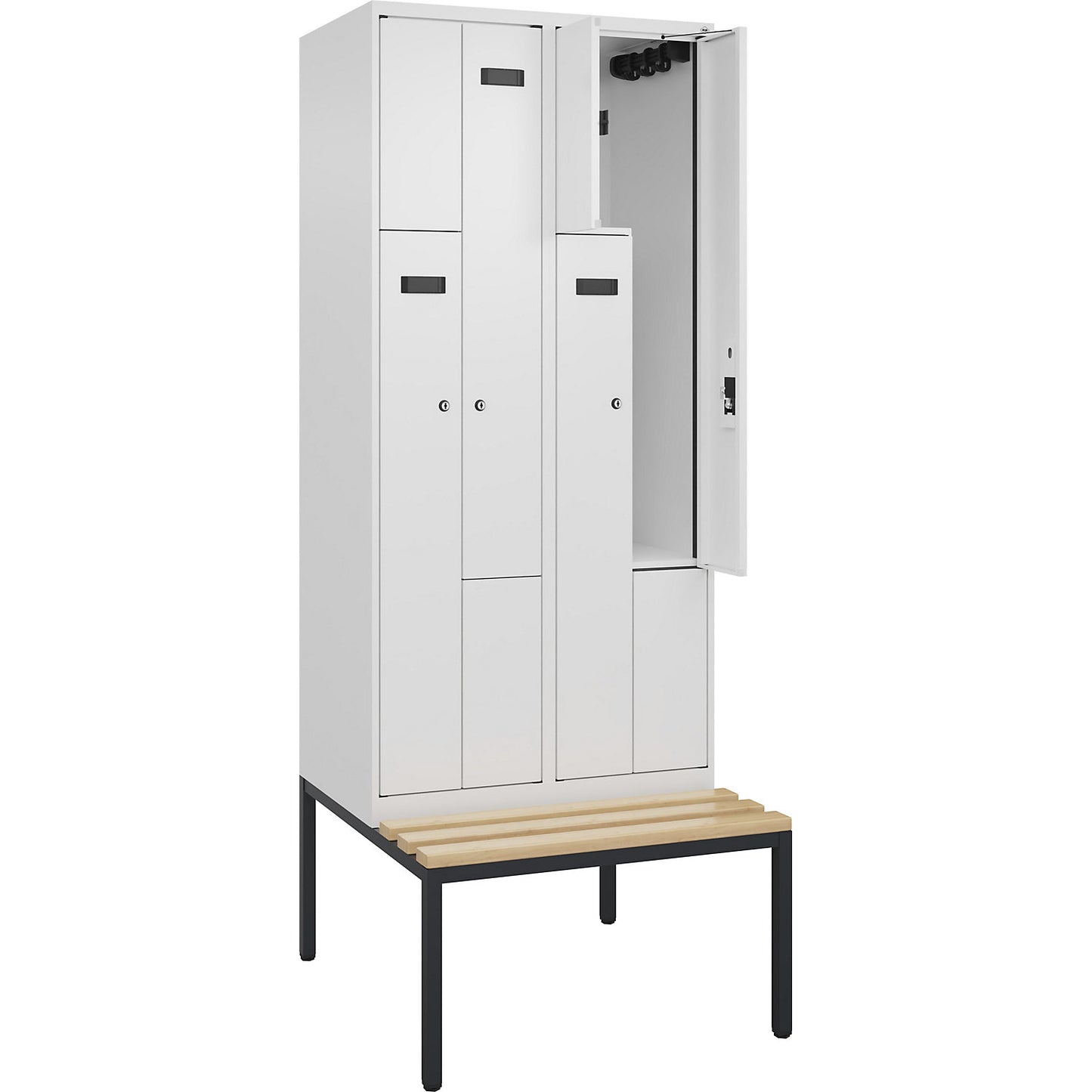 Evolo PLUS bench seat Z locker, 2 compartments, white, W 800 mm, cylinder lock, with bench fitted below, beech.