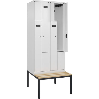 Evolo PLUS bench seat Z locker, 2 compartments, white, W 800 mm, cylinder lock, with bench fitted below, beech.