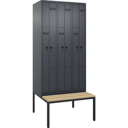 Evolo PLUS bench seat Z locker, 3 compartments, grey, W 900 mm, security rotary bolt, with bench fitted below, beech.