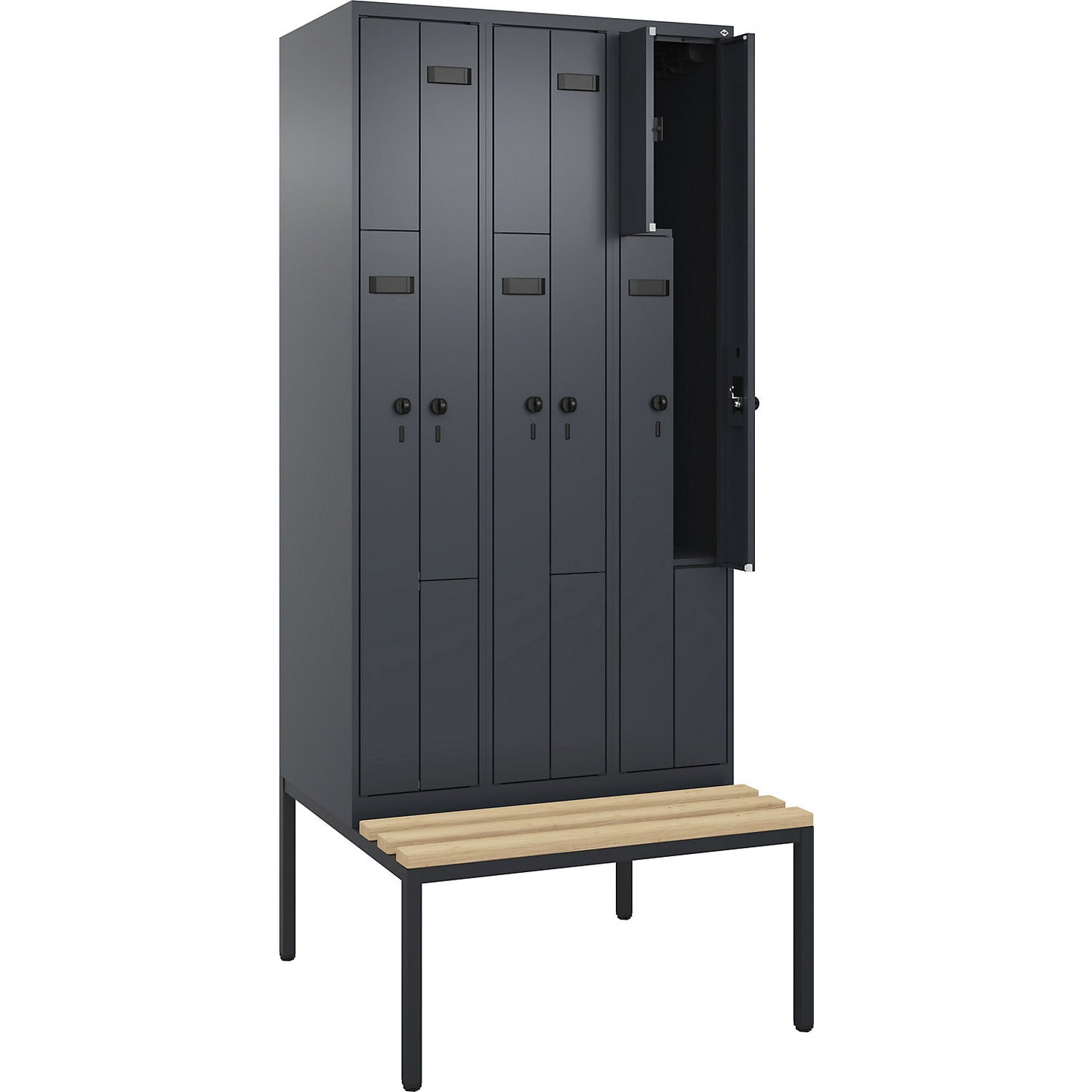 Evolo PLUS bench seat Z locker, 3 compartments, grey, W 900 mm, security rotary bolt, with bench fitted below, beech.
