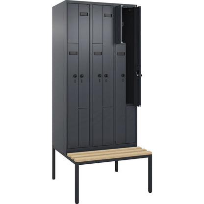 Evolo PLUS bench seat Z locker, 3 compartments, grey, W 900 mm, security rotary bolt, with bench fitted below, beech.