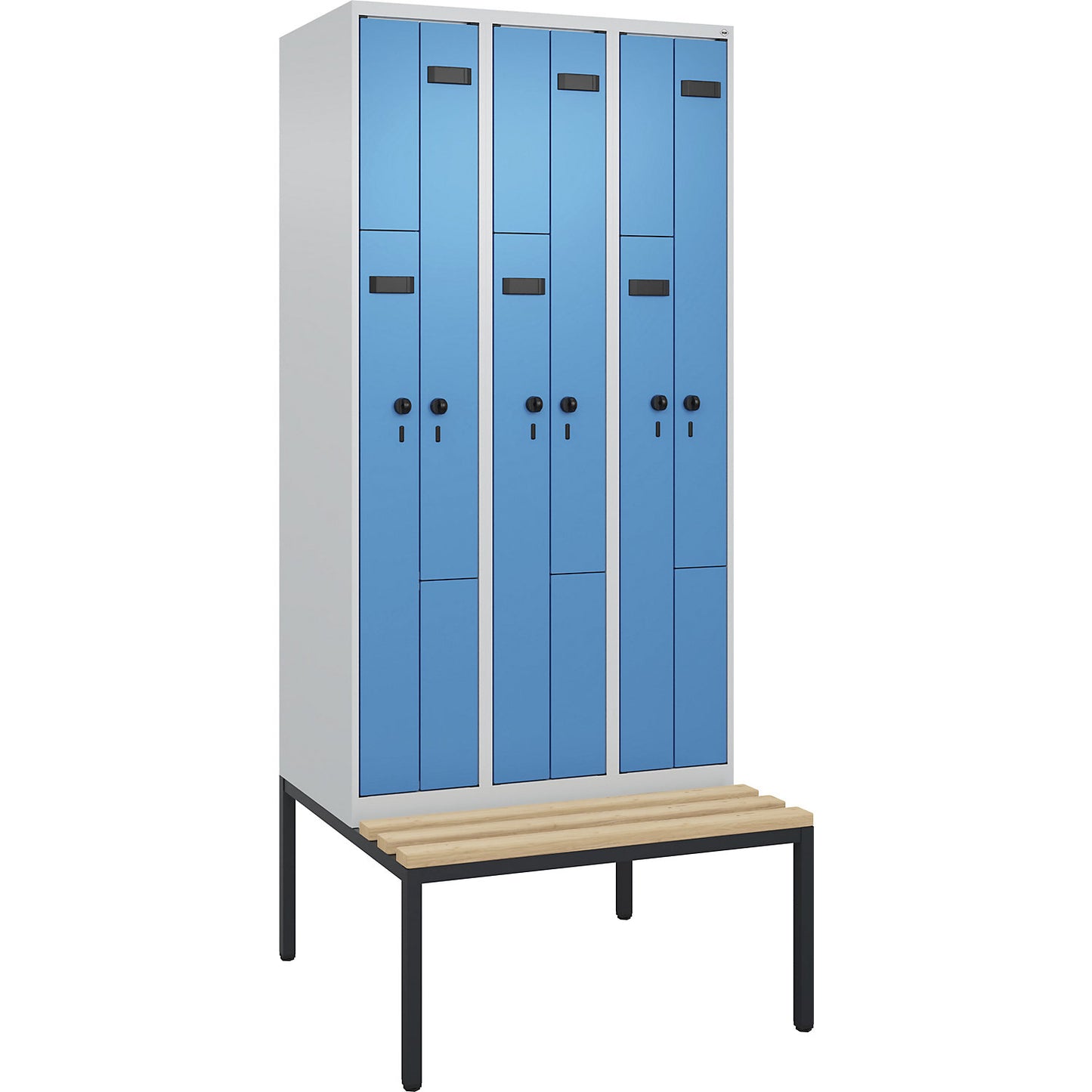 Evolo PLUS bench seat Z locker, 3 compartments, light grey / light blue, W 900 mm, security rotary bolt, with bench fitted below, beech.