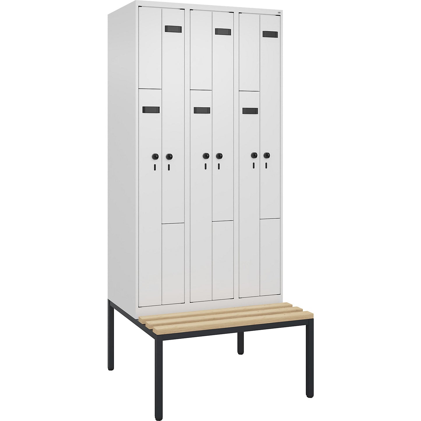 Evolo PLUS bench seat Z locker, 3 compartments, white, W 900 mm, security rotary bolt, with bench fitted below, beech.