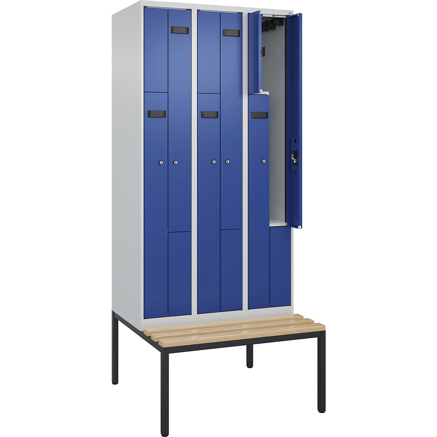 Evolo PLUS bench seat Z locker, 3 compartments, light grey / gentian blue, W 900 mm, cylinder lock, with bench fitted below, beech.