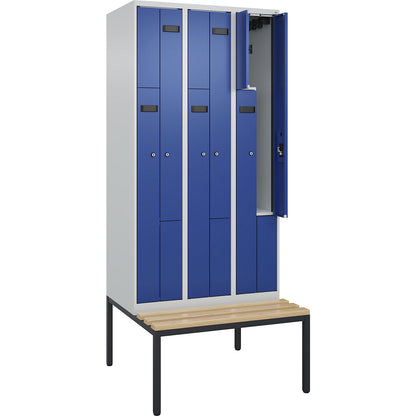 Evolo PLUS bench seat Z locker, 3 compartments, light grey / gentian blue, W 900 mm, cylinder lock, with bench fitted below, beech.
