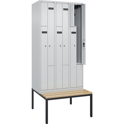 Evolo PLUS bench seat Z locker, 3 compartments, light grey / light grey, W 900 mm, cylinder lock, with bench fitted below, beech.