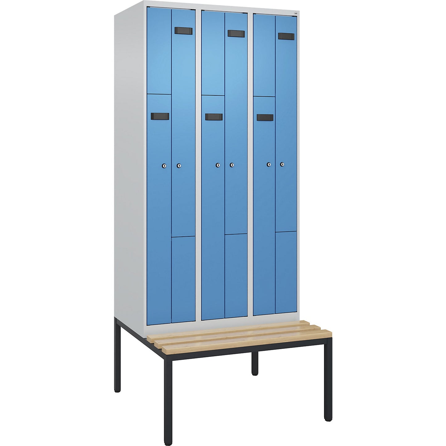 Evolo PLUS bench seat Z locker, 3 compartments, light grey / light blue, W 900 mm, cylinder lock, with bench fitted below, beech.