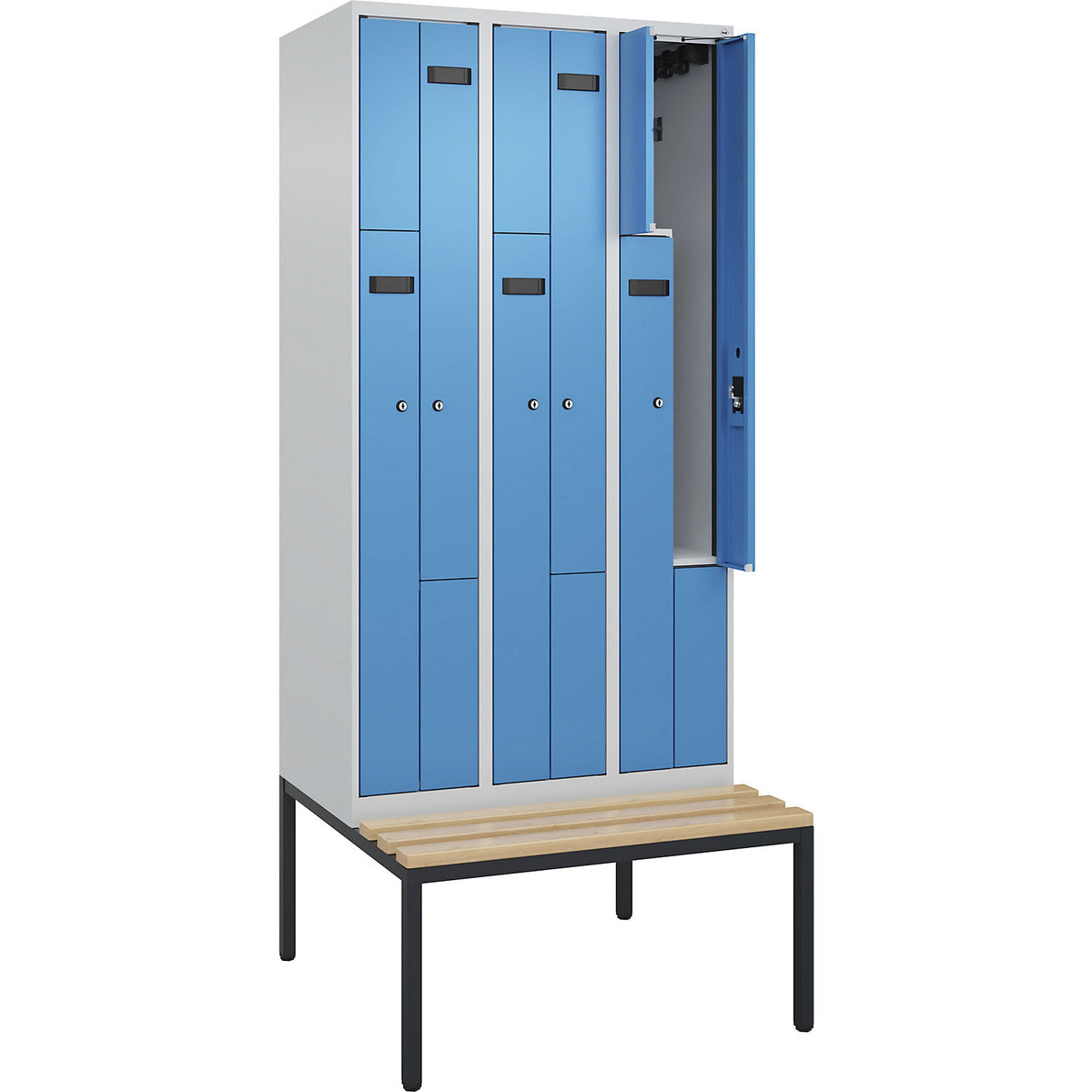 Evolo PLUS bench seat Z locker, 3 compartments, light grey / light blue, W 900 mm, cylinder lock, with bench fitted below, beech.