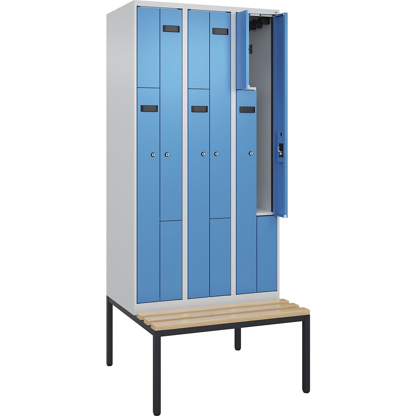 Evolo PLUS bench seat Z locker, 3 compartments, light grey / light blue, W 900 mm, cylinder lock, with bench fitted below, beech.