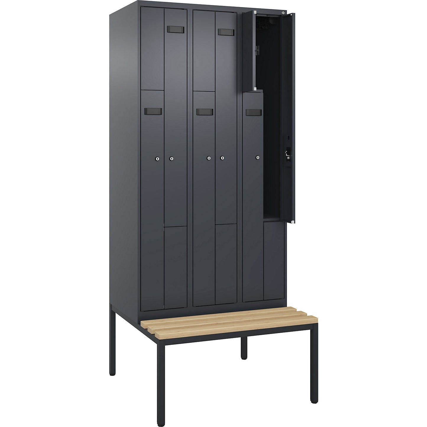 Evolo PLUS bench seat Z locker, 3 compartments, grey, W 900 mm, cylinder lock, with bench fitted below, beech.