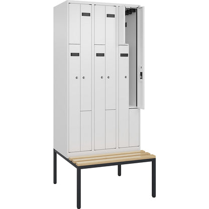 Evolo PLUS bench seat Z locker, 3 compartments, white, W 900 mm, cylinder lock, with bench fitted below, beech.