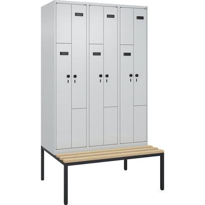Evolo PLUS bench seat Z locker, 3 compartments, light grey / light grey, W 1200 mm, security rotary bolt, with bench fitted below, beech.