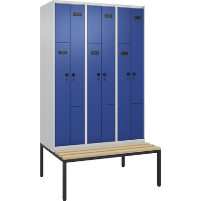 Evolo PLUS bench seat Z locker, 3 compartments, light grey / gentian blue, W 1200 mm, security rotary bolt, with bench fitted below, beech.