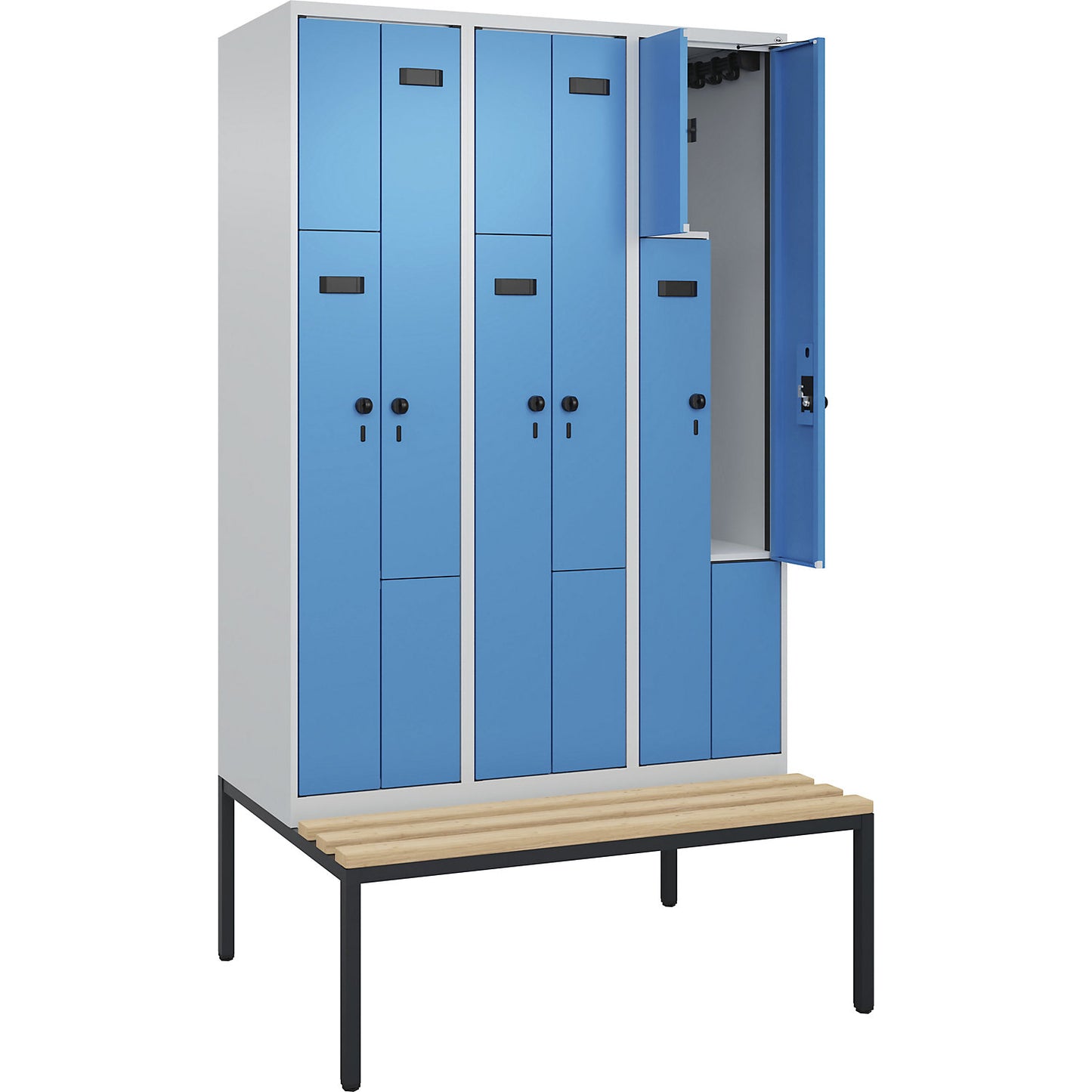 Evolo PLUS bench seat Z locker, 3 compartments, light grey / light blue, W 1200 mm, security rotary bolt, with bench fitted below, beech.
