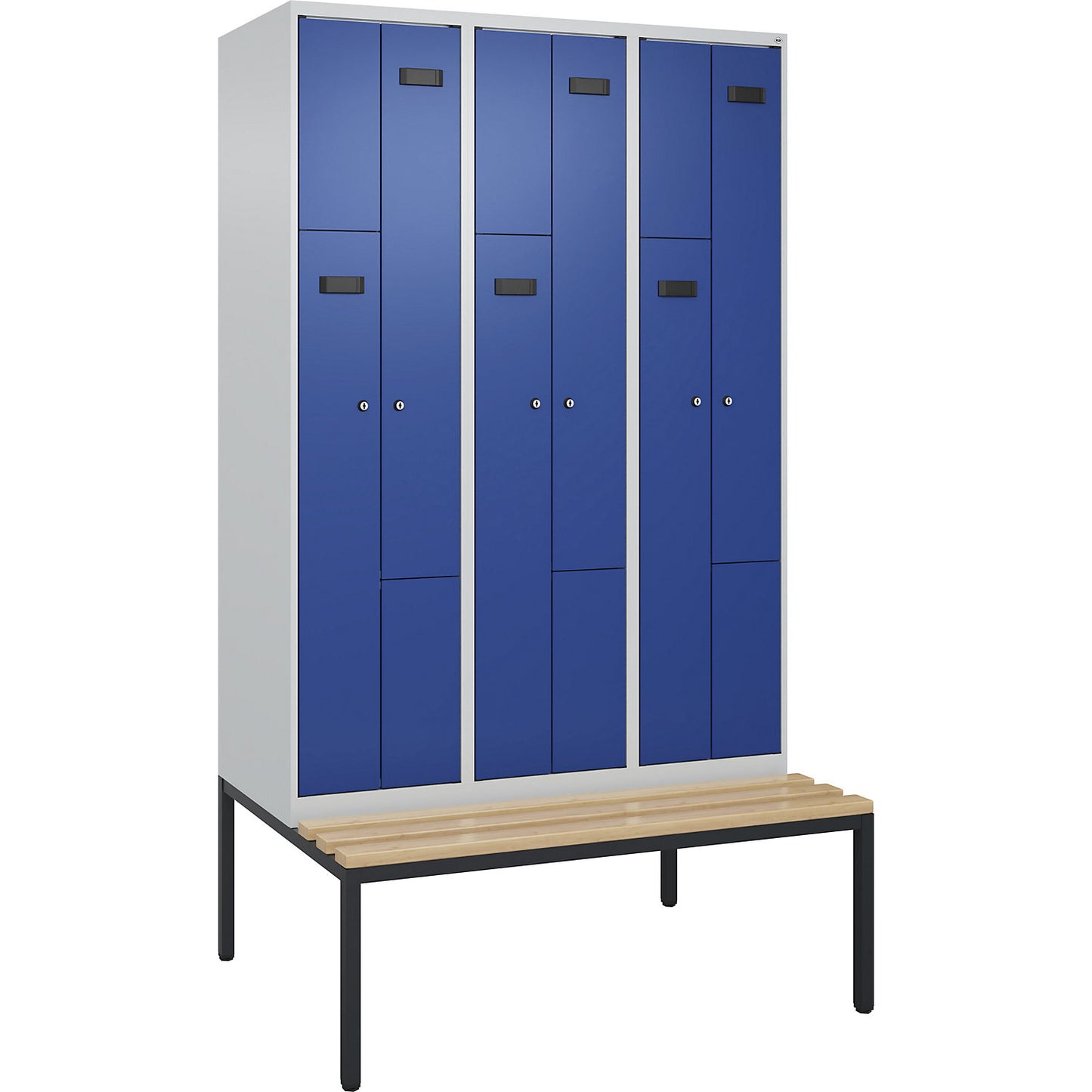 Evolo PLUS bench seat Z locker, 3 compartments, light grey / gentian blue, W 1200 mm, cylinder lock, with bench fitted below, beech.