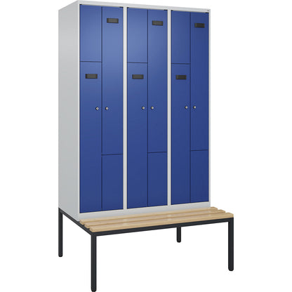 Evolo PLUS bench seat Z locker, 3 compartments, light grey / gentian blue, W 1200 mm, cylinder lock, with bench fitted below, beech.