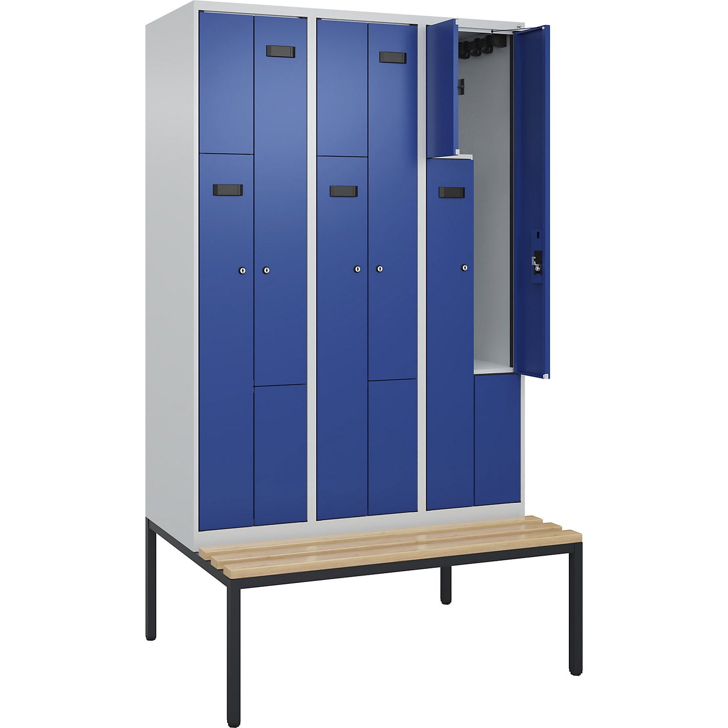 Evolo PLUS bench seat Z locker, 3 compartments, light grey / gentian blue, W 1200 mm, cylinder lock, with bench fitted below, beech.