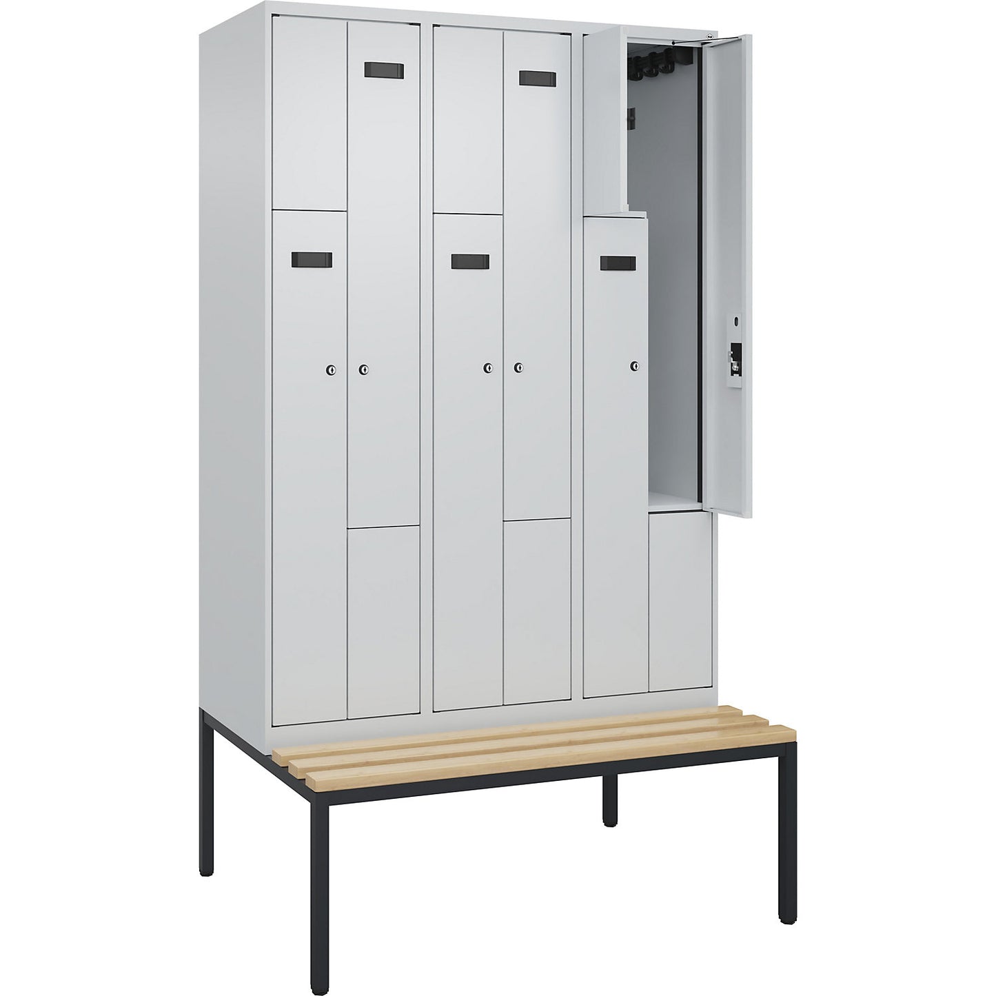 Evolo PLUS bench seat Z locker, 3 compartments, light grey / light grey, W 1200 mm, cylinder lock, with bench fitted below, beech.