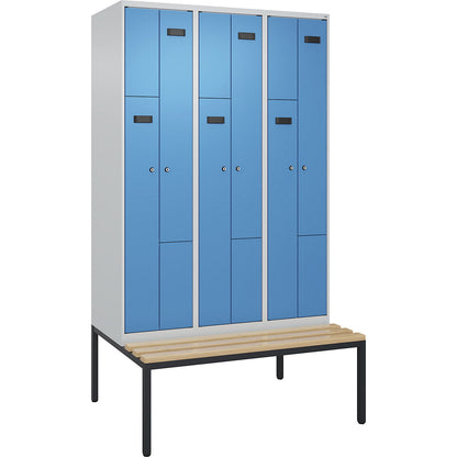 Evolo PLUS bench seat Z locker, 3 compartments, light grey / light blue, W 1200 mm, cylinder lock, with bench fitted below, beech.