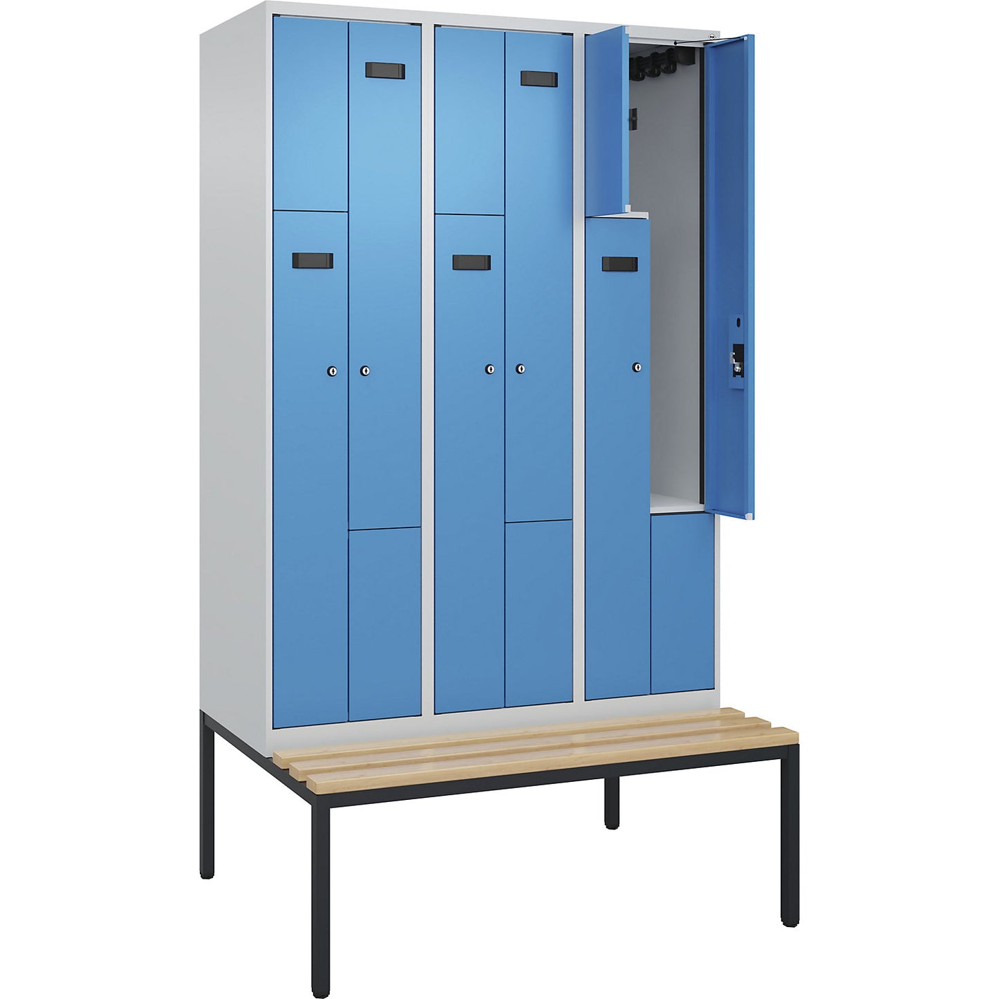 Evolo PLUS bench seat Z locker, 3 compartments, light grey / light blue, W 1200 mm, cylinder lock, with bench fitted below, beech.