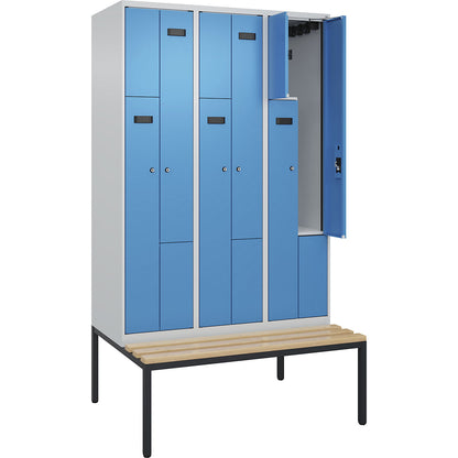 Evolo PLUS bench seat Z locker, 3 compartments, light grey / light blue, W 1200 mm, cylinder lock, with bench fitted below, beech.