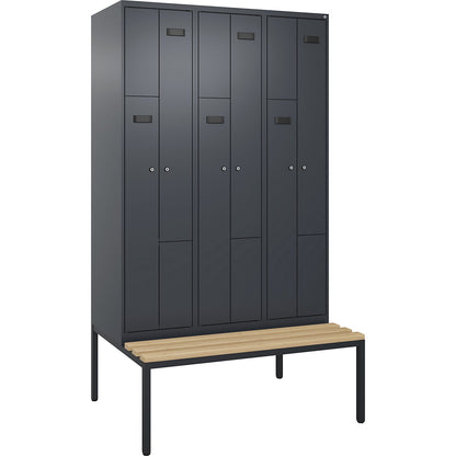 Evolo PLUS bench seat Z locker, 3 compartments, grey, W 1200 mm, cylinder lock, with bench fitted below, beech.