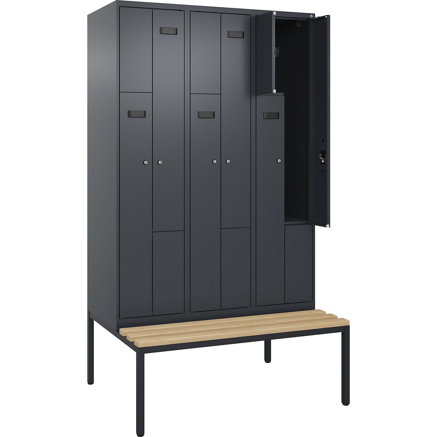 Evolo PLUS bench seat Z locker, 3 compartments, grey, W 1200 mm, cylinder lock, with bench fitted below, beech.