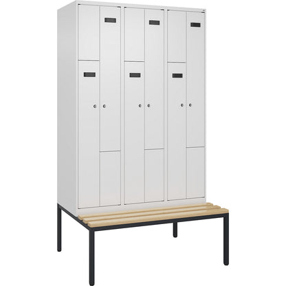 Evolo PLUS bench seat Z locker, 3 compartments, white, W 1200 mm, cylinder lock, with bench fitted below, beech.