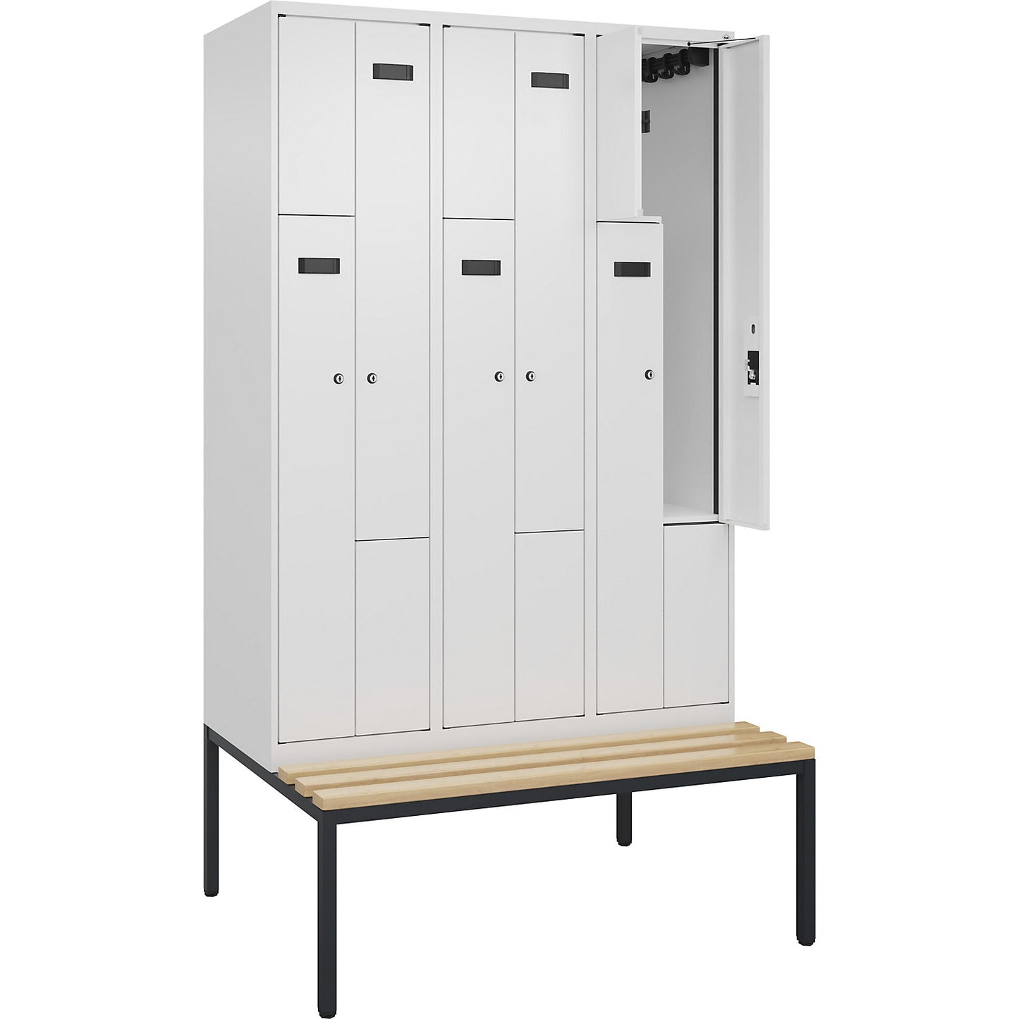 Evolo PLUS bench seat Z locker, 3 compartments, white, W 1200 mm, cylinder lock, with bench fitted below, beech.