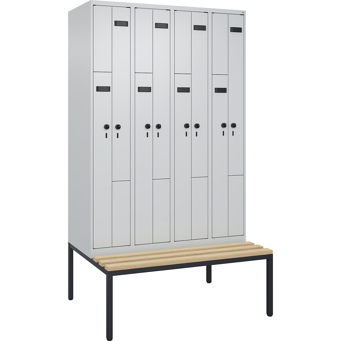 Evolo PLUS bench seat Z locker, 4 compartments, light grey / light grey, W 1200 mm, security rotary bolt, with bench fitted below, beech.