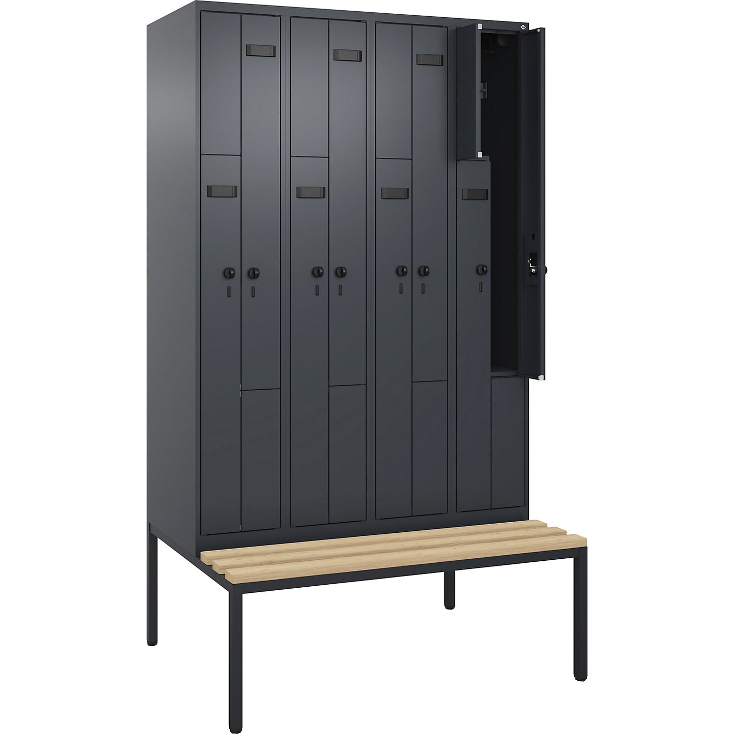 Evolo PLUS bench seat Z locker, 4 compartments, grey, W 1200 mm, security rotary bolt, with bench fitted below, beech.