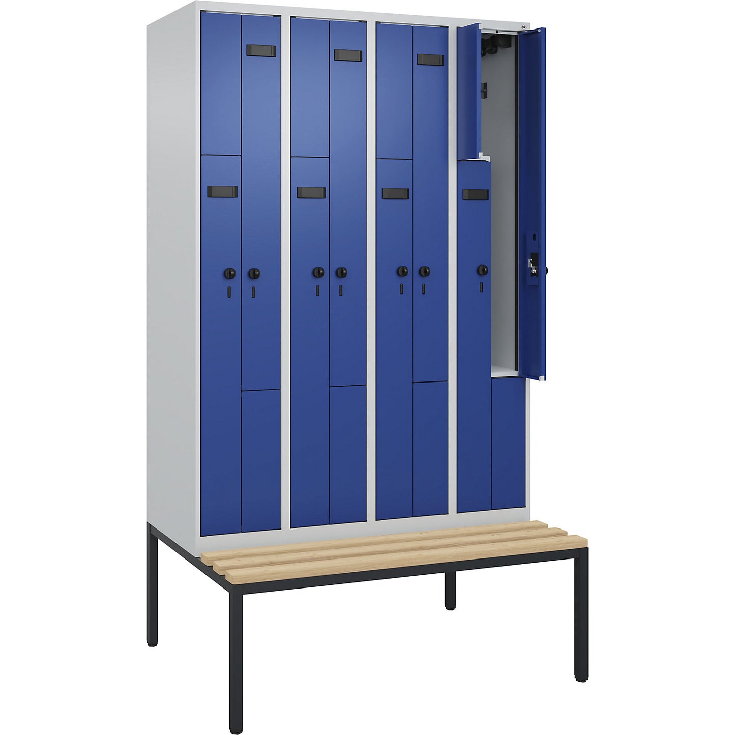Evolo PLUS bench seat Z locker, 4 compartments, light grey / gentian blue, W 1200 mm, security rotary bolt, with bench fitted below, beech.