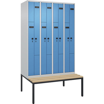 Evolo PLUS bench seat Z locker, 4 compartments, light grey / light blue, W 1200 mm, security rotary bolt, with bench fitted below, beech.