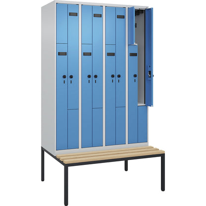 Evolo PLUS bench seat Z locker, 4 compartments, light grey / light blue, W 1200 mm, security rotary bolt, with bench fitted below, beech.