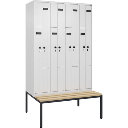 Evolo PLUS bench seat Z locker, 4 compartments, white, W 1200 mm, security rotary bolt, with bench fitted below, beech.