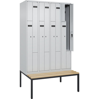 Evolo PLUS bench seat Z locker, 4 compartments, light grey / light grey, W 1200 mm, cylinder lock, with bench fitted below, beech.