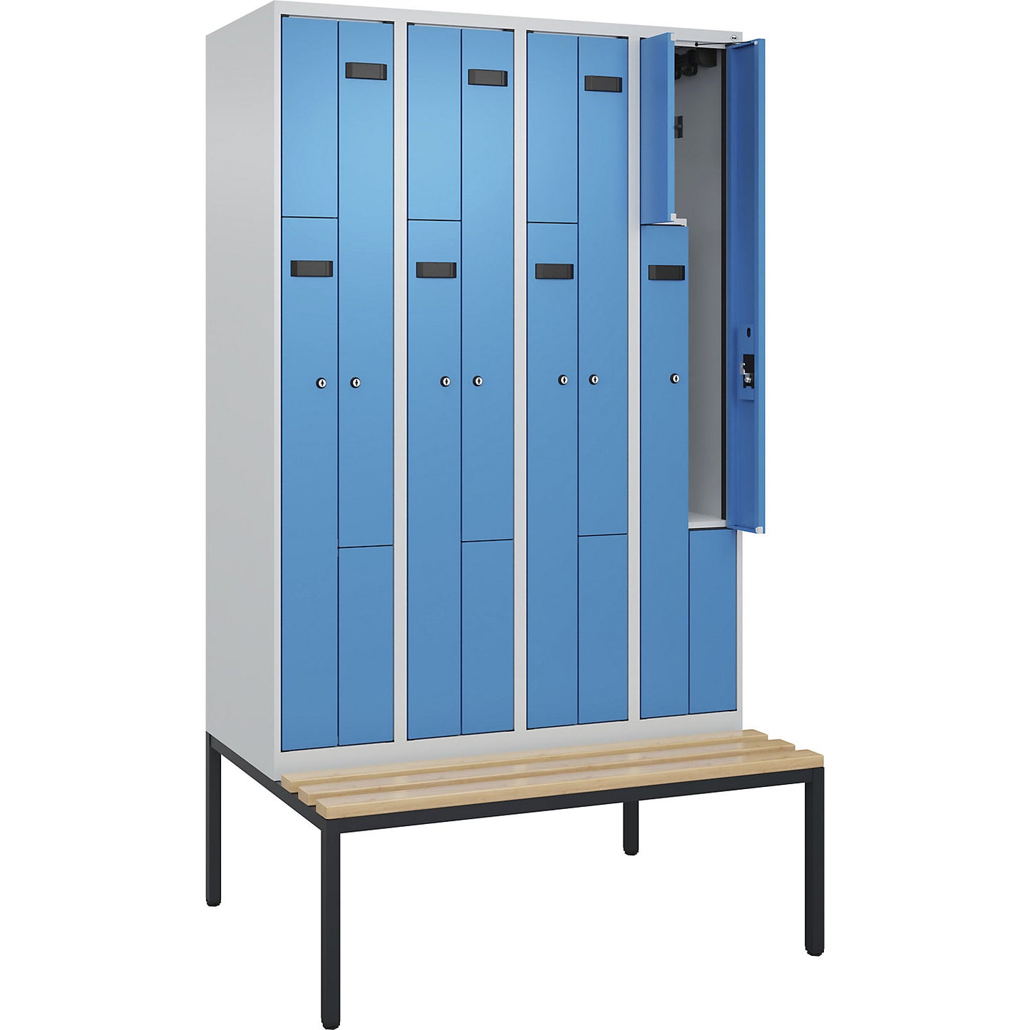 Evolo PLUS bench seat Z locker, 4 compartments, light grey / light blue, W 1200 mm, cylinder lock, with bench fitted below, beech.