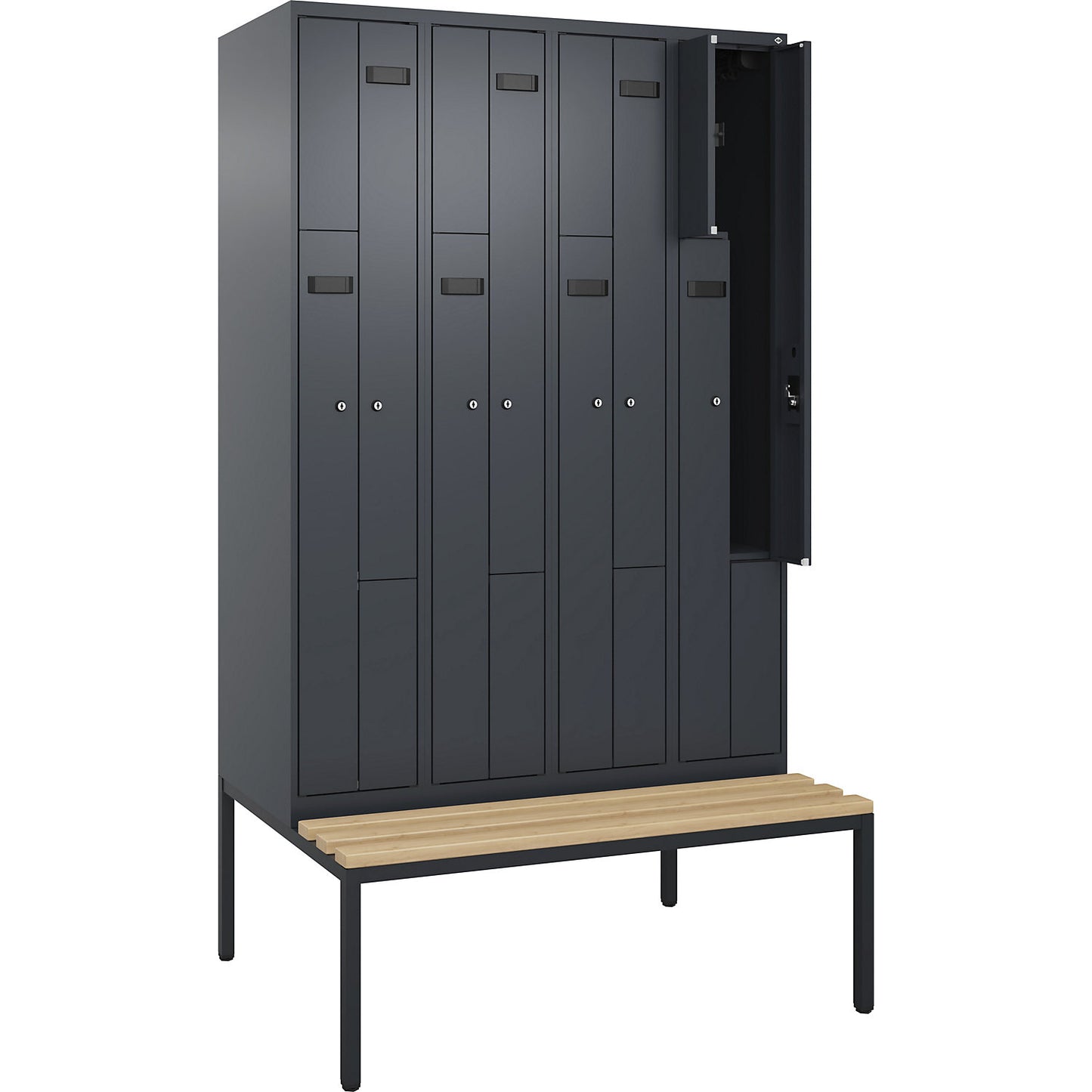 Evolo PLUS bench seat Z locker, 4 compartments, grey, W 1200 mm, cylinder lock, with bench fitted below, beech.