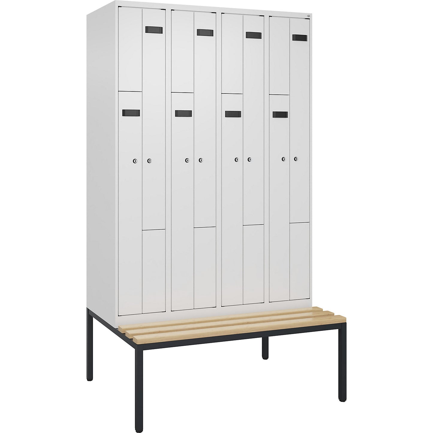 Evolo PLUS bench seat Z locker, 4 compartments, white, W 1200 mm, cylinder lock, with bench fitted below, beech.