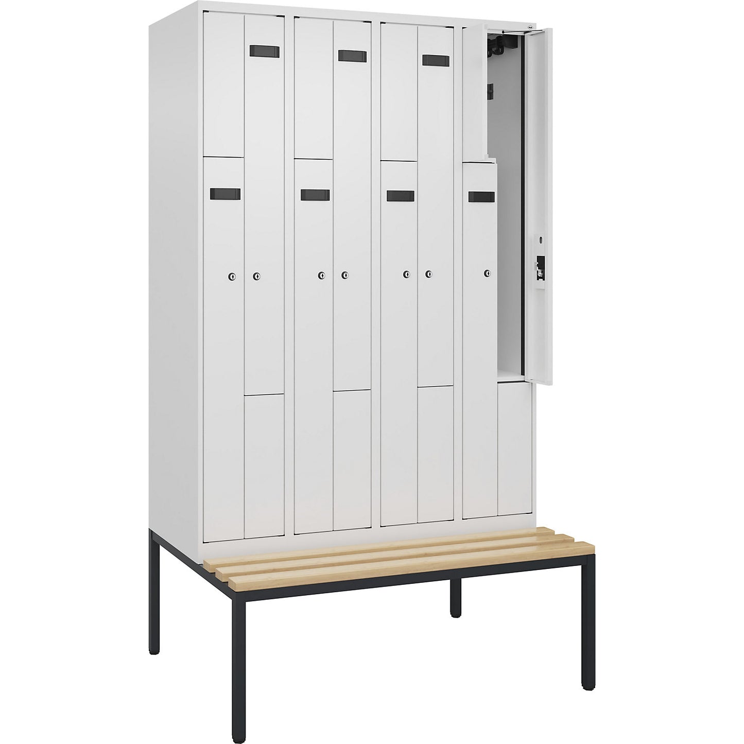 Evolo PLUS bench seat Z locker, 4 compartments, white, W 1200 mm, cylinder lock, with bench fitted below, beech.