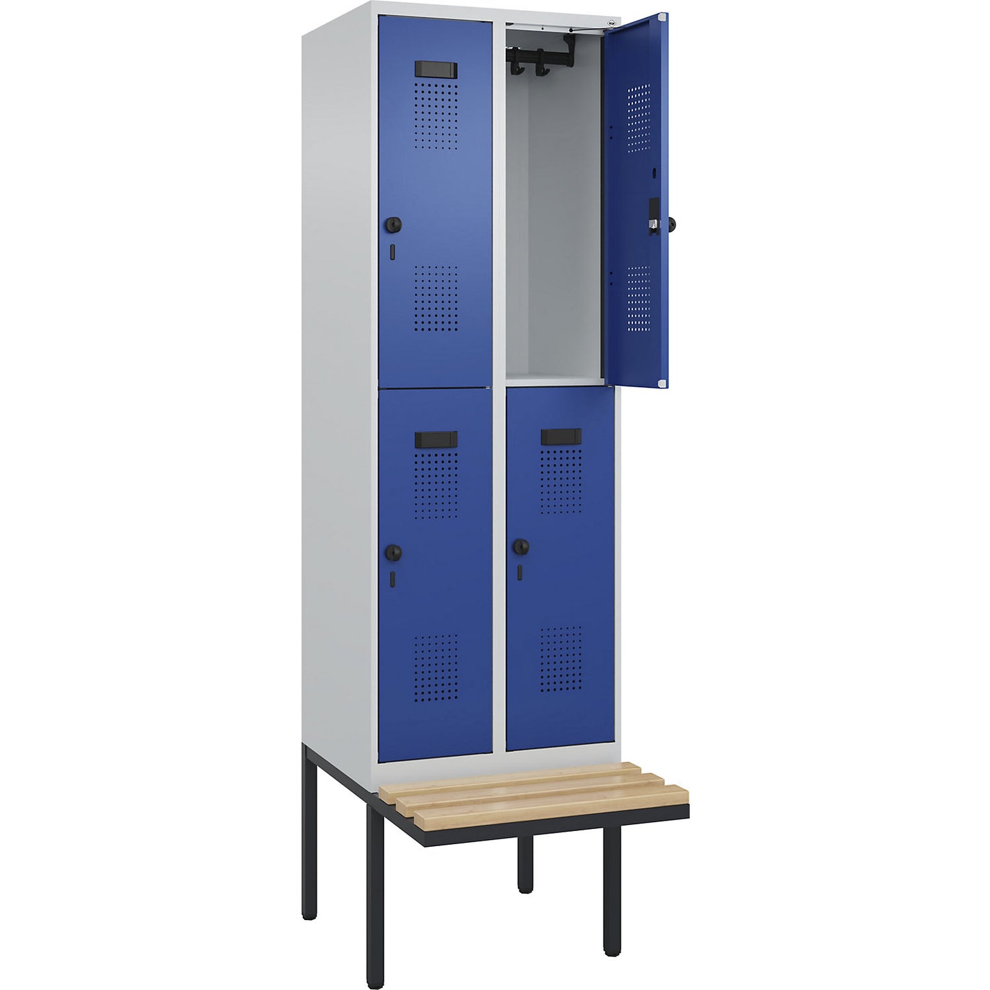 Evolo PLUS bench seat double deck clothes locker, 2 compartments, light grey / gentian blue, W 600 mm, security rotary bolt, with cantilevered bench seat, beech.