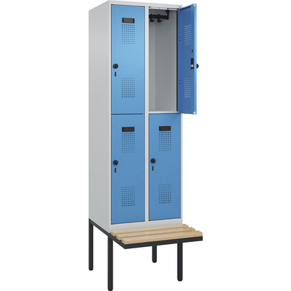 Evolo PLUS bench seat double deck clothes locker, 2 compartments, light grey / light blue, W 600 mm, security rotary bolt, with cantilevered bench seat, beech.
