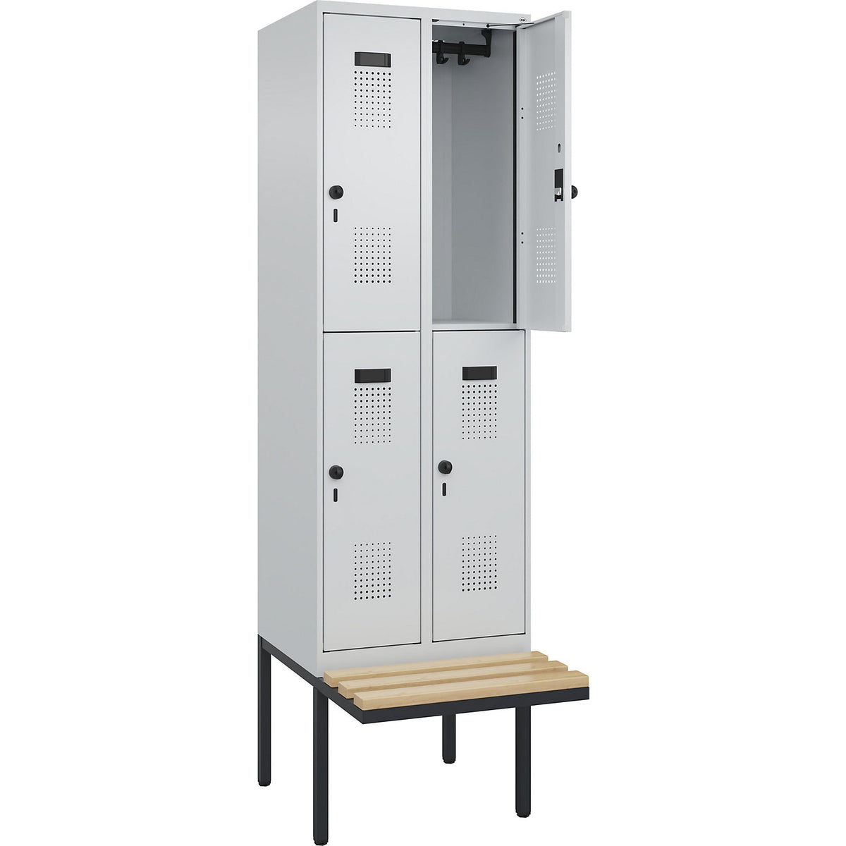 Evolo PLUS bench seat double deck clothes locker, 2 compartments, light grey / light grey, W 600 mm, security rotary bolt, with cantilevered bench seat, beech.