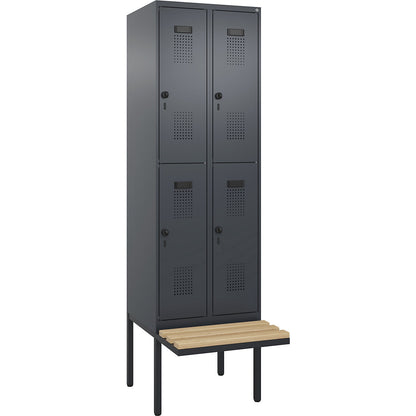 Evolo PLUS bench seat double deck clothes locker, 2 compartments, grey, W 600 mm, security rotary bolt, with cantilevered bench seat, beech.