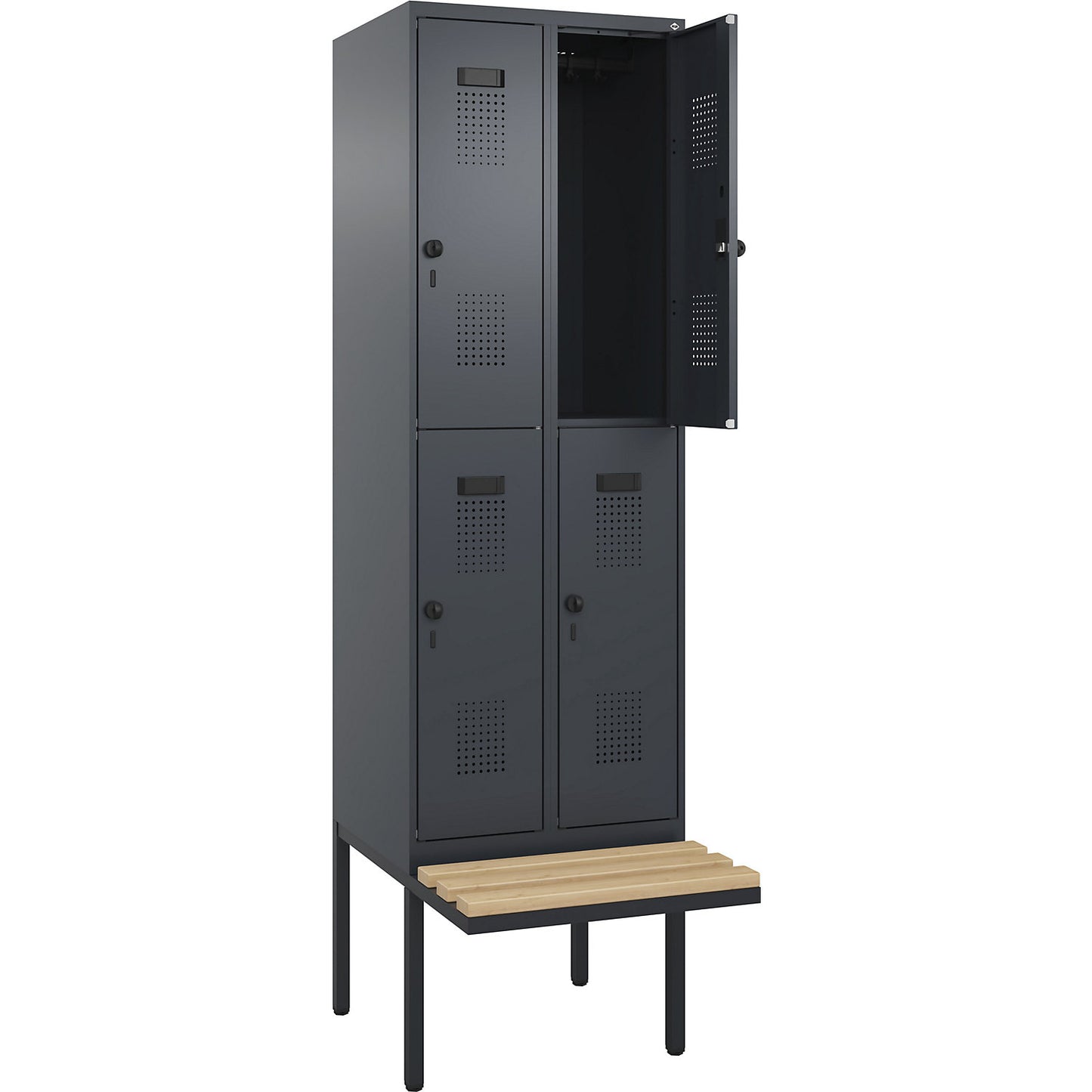 Evolo PLUS bench seat double deck clothes locker, 2 compartments, grey, W 600 mm, security rotary bolt, with cantilevered bench seat, beech.