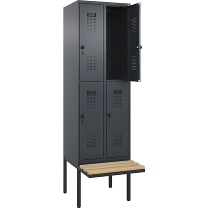 Evolo PLUS bench seat double deck clothes locker, 2 compartments, grey, W 600 mm, security rotary bolt, with cantilevered bench seat, beech.