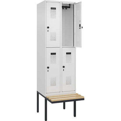 Evolo PLUS bench seat double deck clothes locker, 2 compartments, white, W 600 mm, security rotary bolt, with cantilevered bench seat, beech.