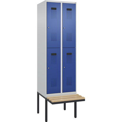 Evolo PLUS bench seat double deck clothes locker, 2 compartments, light grey / gentian blue, W 600 mm, cylinder lock, with cantilevered bench seat, beech.